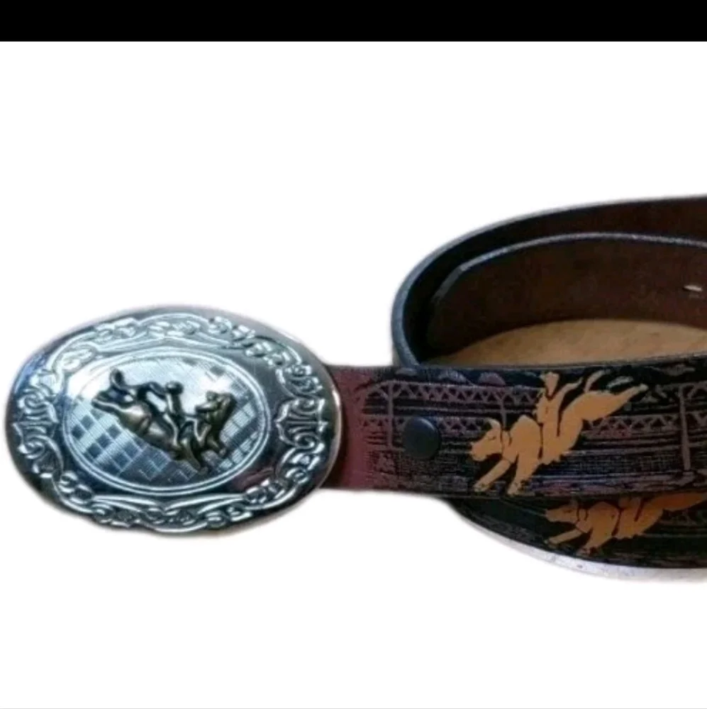 Nocona Rodeo Western Tooled Leather Belt Boys Sz 26 Silver Gold Bullrider Buckle